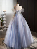 Off Shoulder Tulle Flower Blue Long Prom Dress, Blue Long Formal Dress HZ1024