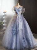 Off Shoulder Tulle Flower Blue Long Prom Dress, Blue Long Formal Dress HZ1024