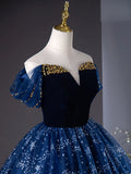 Off Shoulder Tulle Blue Long Prom Dress, Blue Long Formal Dress with Beads HZ1024