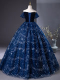 Off Shoulder Tulle Blue Long Prom Dress, Blue Long Formal Dress with Beads HZ1024