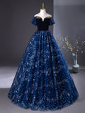 Off Shoulder Tulle Blue Long Prom Dress, Blue Long Formal Dress with Beads HZ1024