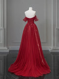Off Shoulder Tulle Lace Burgundy Long Prom Dress HZ1024