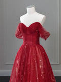 Off Shoulder Tulle Lace Burgundy Long Prom Dress HZ1024