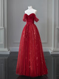 Off Shoulder Tulle Lace Burgundy Long Prom Dress HZ1024