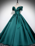 Off Shoulder Satin Green Long Prom Dress, Green Long Formal Dress HZ1024