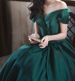 Off Shoulder Satin Green Long Prom Dress, Green Long Formal Dress HZ1024