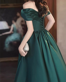 Off Shoulder Satin Green Long Prom Dress, Green Long Formal Dress HZ1024