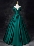 Off Shoulder Satin Green Long Prom Dress, Green Long Formal Dress HZ1024