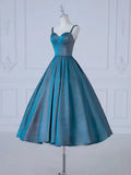 Sweetheart Neck Satin Tea Length Blue Prom Dress, Blue Formal Dress HZ1024