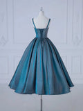 Sweetheart Neck Satin Tea Length Blue Prom Dress, Blue Formal Dress HZ1024
