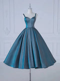 Sweetheart Neck Satin Tea Length Blue Prom Dress, Blue Formal Dress HZ1024
