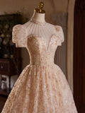 Champagne Pink Tulle Lace Tea Length Prom Dress with Beads HZ1024