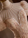 Champagne Pink Tulle Lace Tea Length Prom Dress with Beads HZ1024