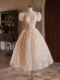 Champagne Pink Tulle Lace Tea Length Prom Dress with Beads HZ1024