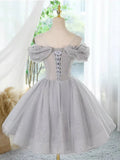 Off Shoulder Tulle Lace Sequin Gray Short Prom Dress with Beads HZ1024