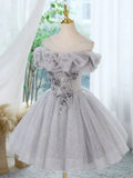 Off Shoulder Tulle Lace Sequin Gray Short Prom Dress with Beads HZ1024