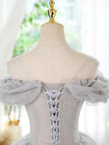 Off Shoulder Tulle Lace Sequin Gray Short Prom Dress with Beads HZ1024