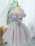 Off Shoulder Tulle Lace Sequin Gray Short Prom Dress with Beads HZ1024