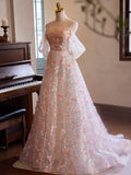 Off Shoulder Lace Tulle Pink Long Prom Dress, Pink Long Evening Dress HZ1024