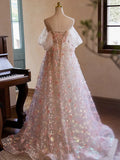Off Shoulder Lace Tulle Pink Long Prom Dress, Pink Long Evening Dress HZ1024