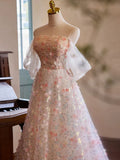 Off Shoulder Lace Tulle Pink Long Prom Dress, Pink Long Evening Dress HZ1024