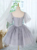 Tulle Lace Gray Short Prom Dress, Cute Gray Homecoming Dress HZ1024
