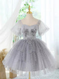 Tulle Lace Gray Short Prom Dress, Cute Gray Homecoming Dress HZ1024