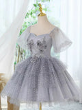 Tulle Lace Gray Short Prom Dress, Cute Gray Homecoming Dress HZ1024