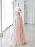 Off Shoulder Tulle Beads Pink Long Prom Dress, Pink Tulle Long Formal Dress HZ1024