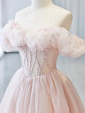 Off Shoulder Tulle Beads Pink Long Prom Dress, Pink Tulle Long Formal Dress HZ1024