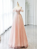 Off Shoulder Tulle Beads Pink Long Prom Dress, Pink Tulle Long Formal Dress HZ1024
