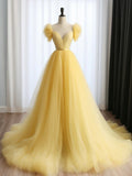 Sweetheart Neck Tulle Yellow Long Prom Dress, Yellow Long Formal Dress HZ1024
