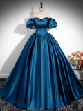 Puff Sleeves Satin Peacock Blue Long Prom Dress, Peacock Blue Long Formal Dress HZ1024