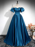 Puff Sleeves Satin Peacock Blue Long Prom Dress, Peacock Blue Long Formal Dress HZ1024