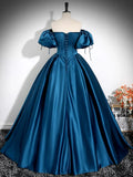 Puff Sleeves Satin Peacock Blue Long Prom Dress, Peacock Blue Long Formal Dress HZ1024