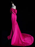 Off Shoulder Satin Mermaid Rose Red Long Prom Dress, Rose Red Evening Dress HZ1024