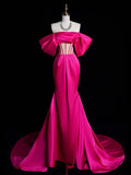 Off Shoulder Satin Mermaid Rose Red Long Prom Dress, Rose Red Evening Dress HZ1024