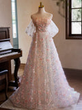 Off Shoulder Lace Tulle Pink Long Prom Dress, Pink Long Evening Dress HZ1024