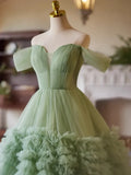Off Shoulder Sweetheart Neck Tulle Green Long Prom Dress HZ1024