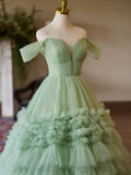 Off Shoulder Sweetheart Neck Tulle Green Long Prom Dress HZ1024
