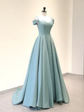 Off Shoulder Satin Blue Long Prom Dress, Blue Long Evening Dress HZ1024