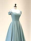 Off Shoulder Satin Blue Long Prom Dress, Blue Long Evening Dress HZ1024