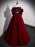 Off Shoulder Velvet Lace Burgundy Long Prom Dress, Burgundy Long Formal Dress HZ1024