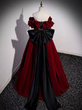 Off Shoulder Velvet Lace Burgundy Long Prom Dress, Burgundy Long Formal Dress HZ1024