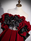 Off Shoulder Velvet Lace Burgundy Long Prom Dress, Burgundy Long Formal Dress HZ1024