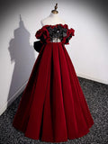 Off Shoulder Velvet Lace Burgundy Long Prom Dress, Burgundy Long Formal Dress HZ1024