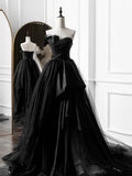 A-Line Satin Black Long Prom Dress, Black Long Evening Dress HZ1024