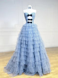 Sweetheart Neck Polka Dots Tulle Blue Long Prom Dress, Blue Long Formal Dress HZ1024