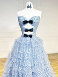 Sweetheart Neck Polka Dots Tulle Blue Long Prom Dress, Blue Long Formal Dress HZ1024