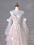 Long Sleeves Tulle Lace Champagne Long Prom Dress, Champagne Long Formal Dress HZ1024